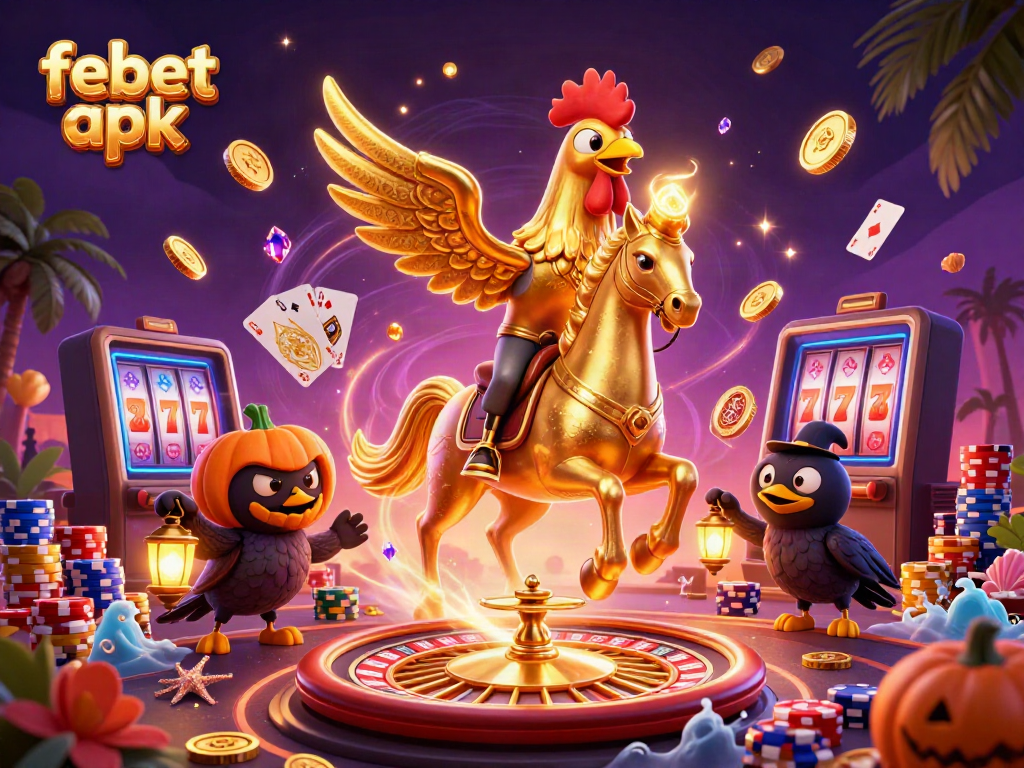 Experience the excitement of febet apk with a golden rooster riding through a vibrant casino scene.