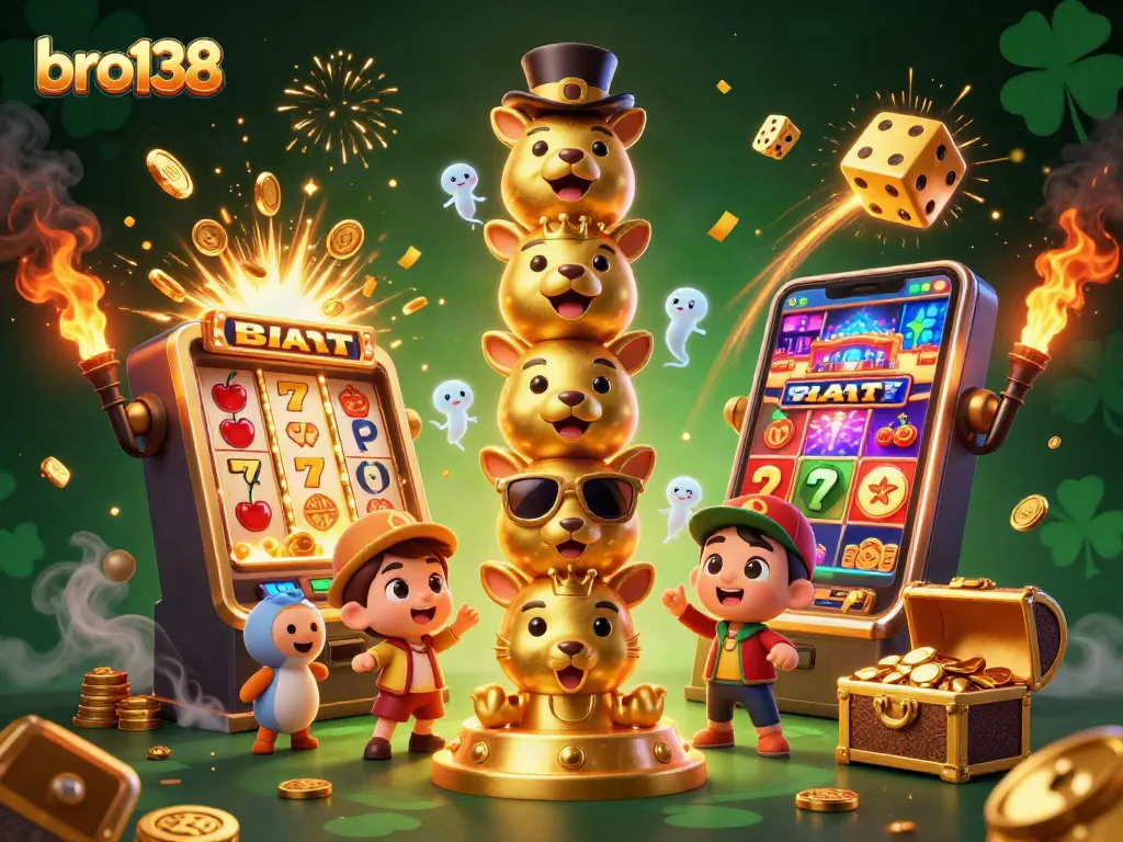 Win big with bro138 at a vibrant casino scene featuring a golden totem pole, exciting games, and jackpot thrills.