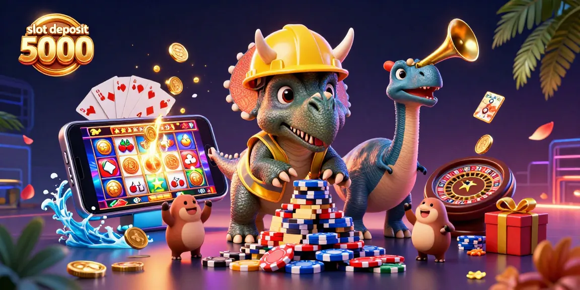 Experience the thrill of slot deposit 5000 with 3D characters celebrating winnings amidst vibrant casino elements.