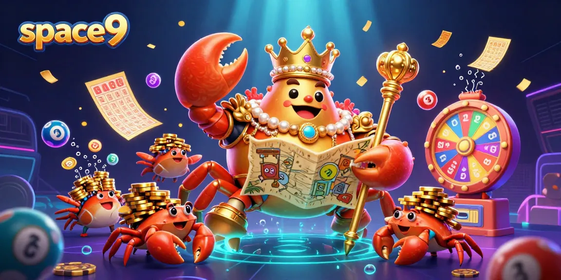 Experience thrilling games and promotions at space9, featuring vibrant lottery elements and a captivating crab emperor.