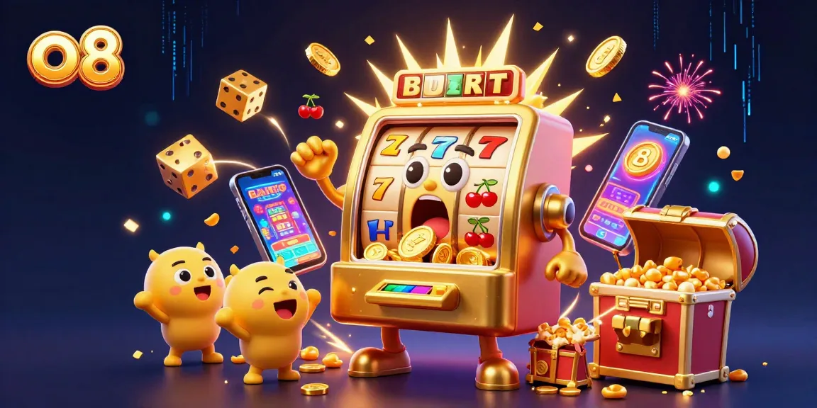 Experience the excitement of o8 as the animated golden slot machine hits a jackpot, surrounded by cheering machines and game elements.