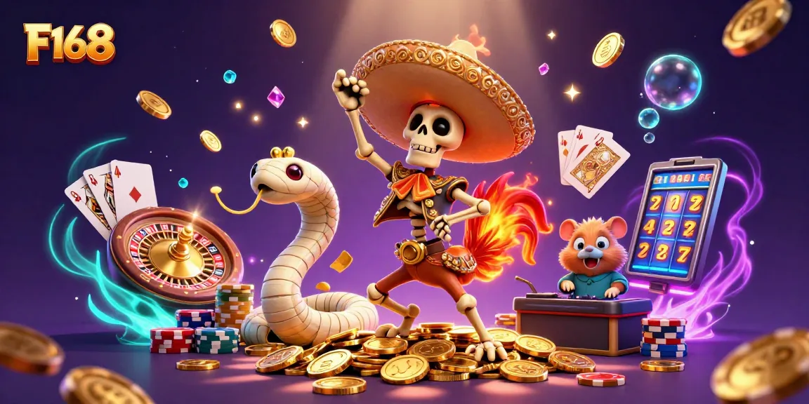 Win big with F168's vibrant casino scene, featuring dynamic winning elements like golden coins and colorful chips