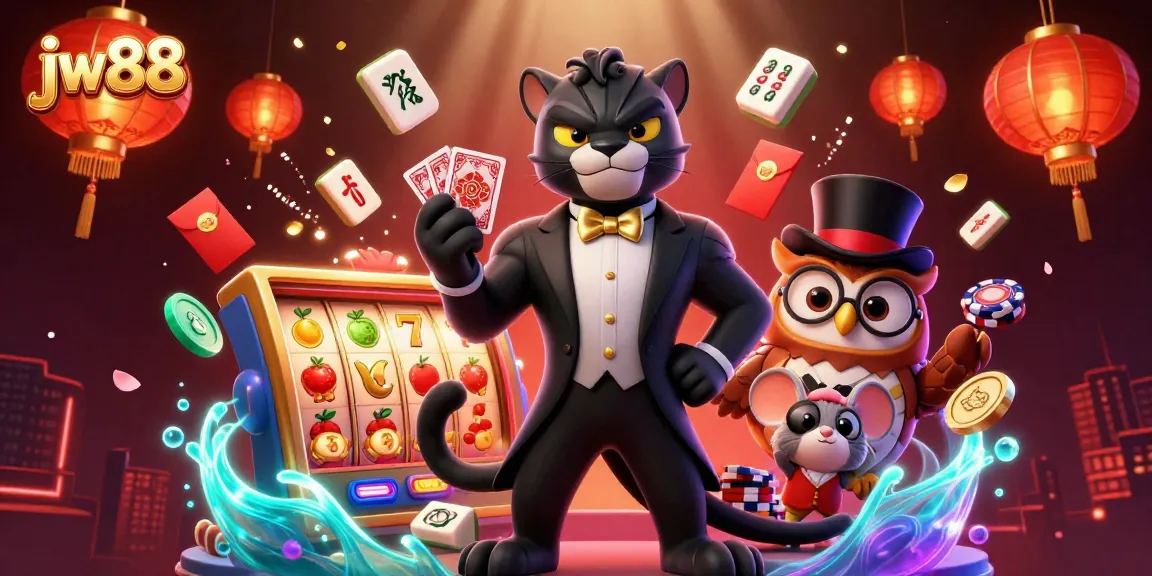 Experience stunning gaming with jw88 as a panther deals cards surrounded by jackpot symbols.