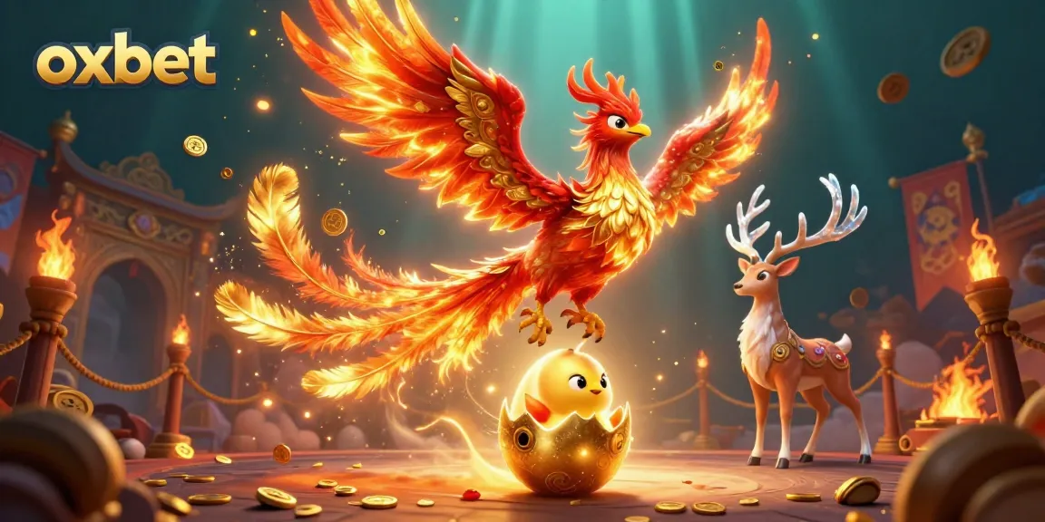 Join the action at Oxbet with a phoenix soaring above a vibrant casino scene filled with golden treasures.