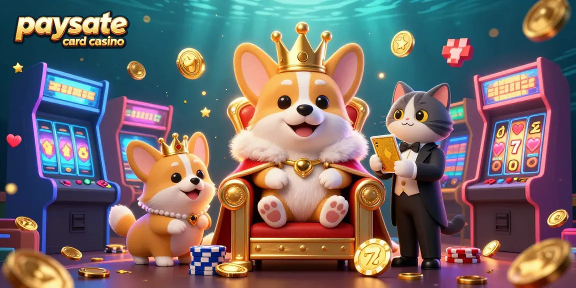 Engagieren Sie sich mit der lebhaften Paysafe Card Casino-Illustration, die einen königlichen Corgi zwischen bunten Spielelementen zeigt.