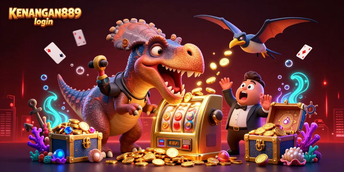 Win big at KENANGAN889 login with a dynamic scene of exciting dinosaurs and jackpot coins!