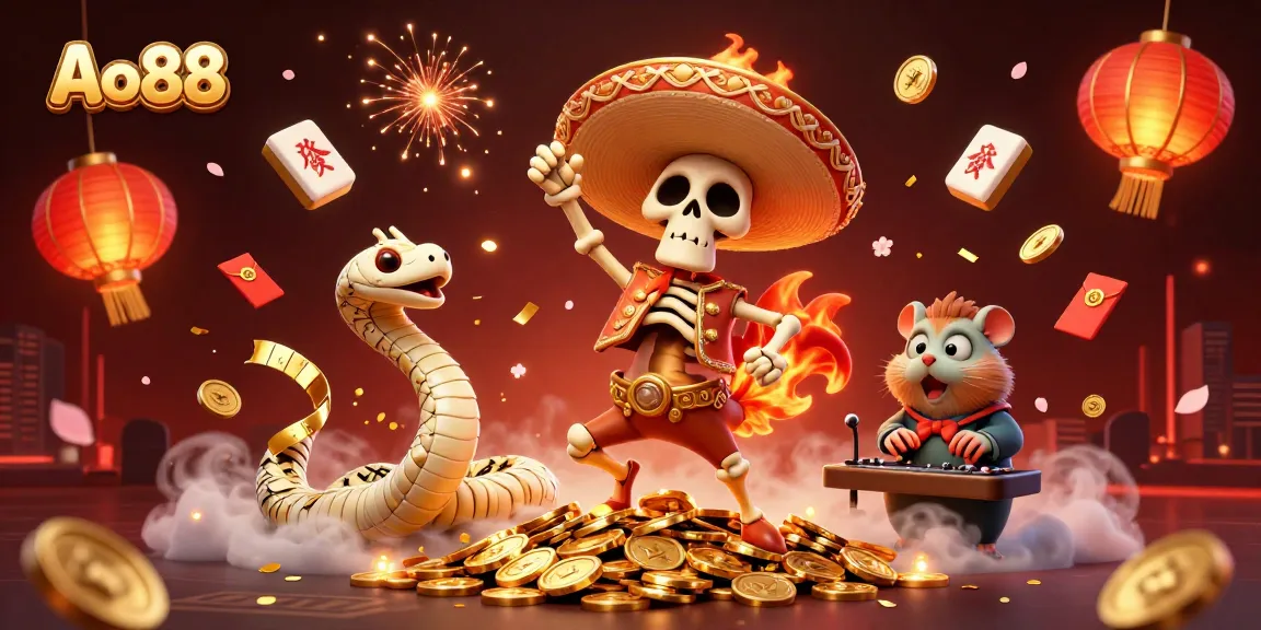 Ao88 showcases a lively 3D scene with a skeleton mariachi rooster celebrating on golden coins amidst vibrant casino elements.