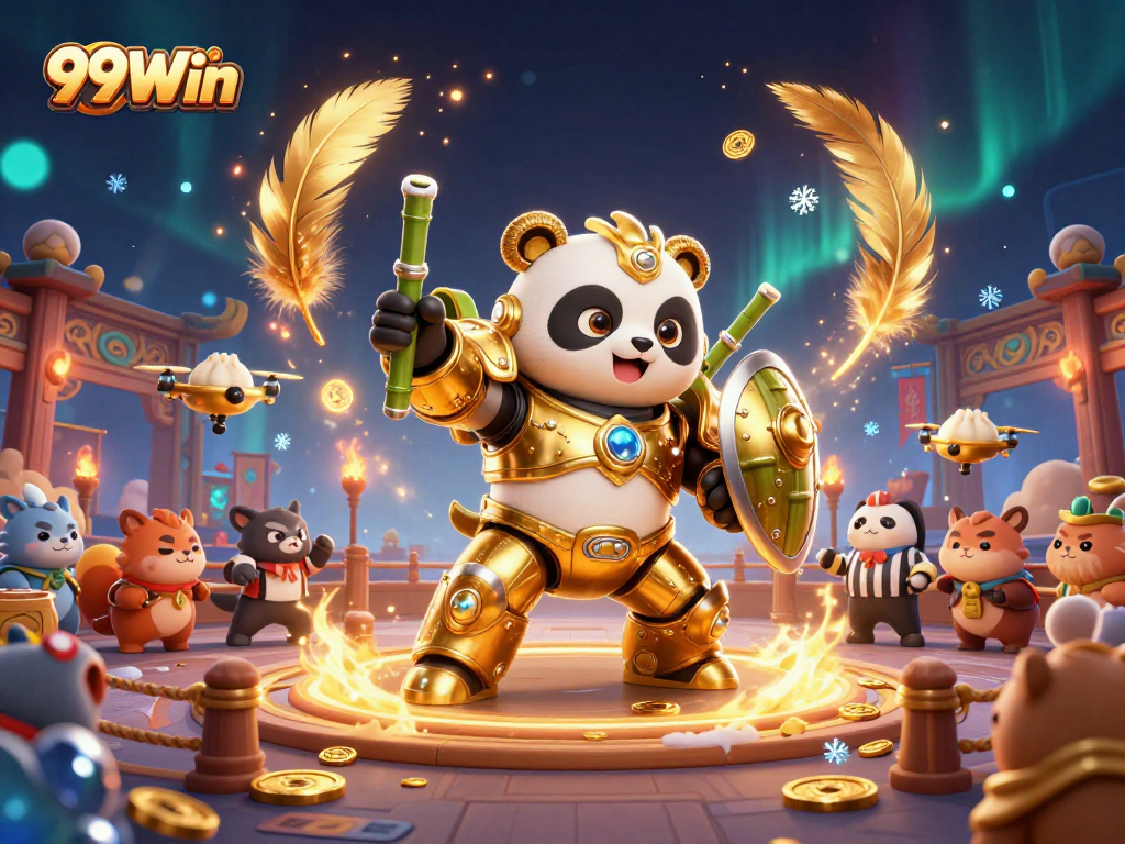 Experience the thrilling action of 99Win, featuring a golden panda mech battling in a vibrant arena.
