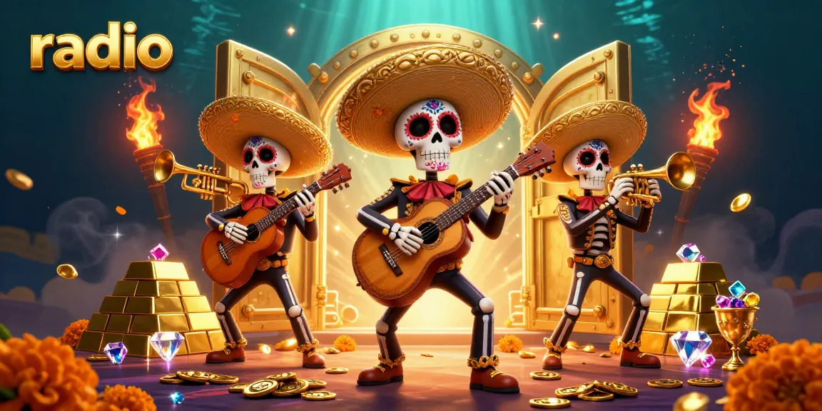 Experience radio excitement with colorful mariachi skeletons playing amidst treasure and jewels in a lively casino.