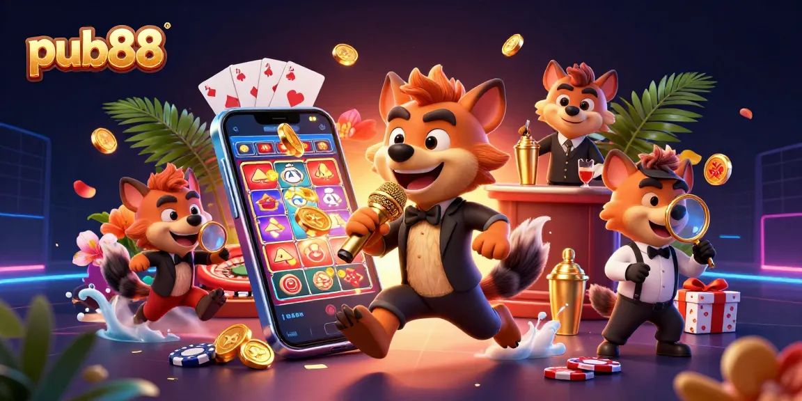 Experience thrilling games at pub88 with cartoon hyenas in a vibrant casino scene.