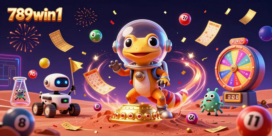 Join the 789win1 adventure with vibrant lottery elements and a Martian gecko exploring a golden casino.