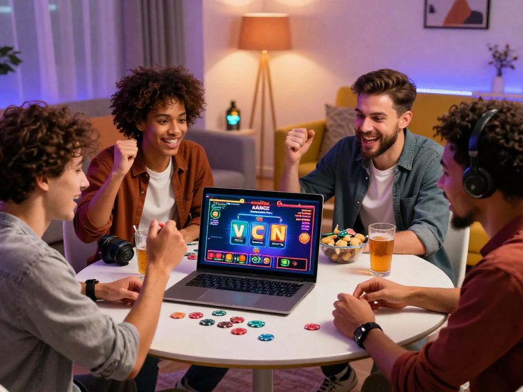 Giovani amici che giocano ai migliori casino non AAMS online, brindando alla vittoria in un'atmosfera festosa.