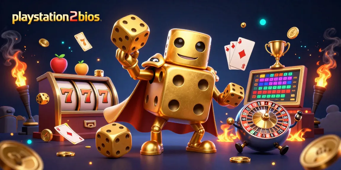 Experience vibrant playstation2bios gaming action with golden dice and casino elements in dynamic illustration.