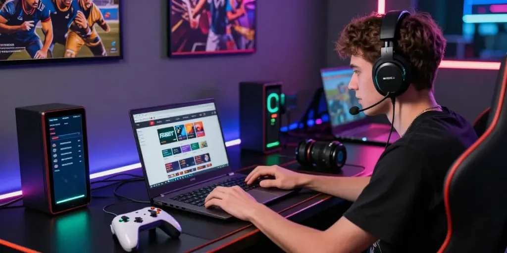 Engaging online betting experience showcasing FABET’s vibrant gaming environment with sports posters and tech setup.