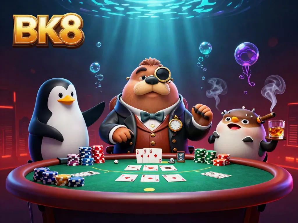Experience the thrill of BK8 with an underwater poker showdown featuring a jolly walrus and friends.