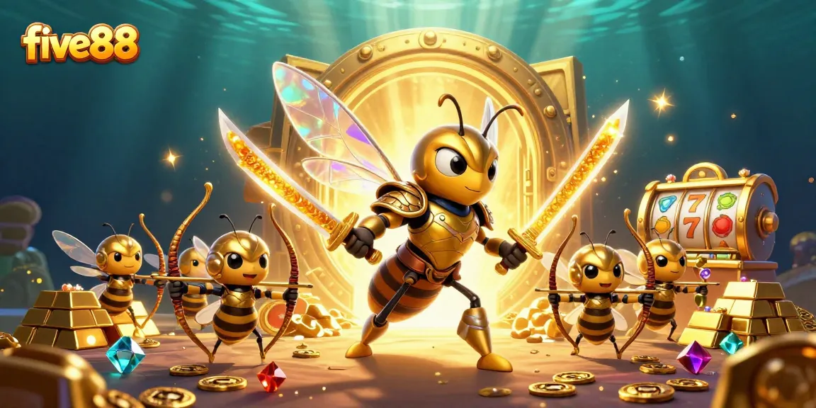 Experience the excitement of five88 casino with a dynamic scene of samurai hornets and gold treasures.