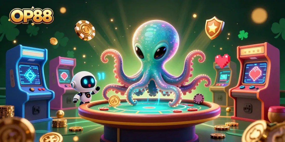 Experience OP88 with an alien octopus at a holographic poker table surrounded by vibrant gaming elements.