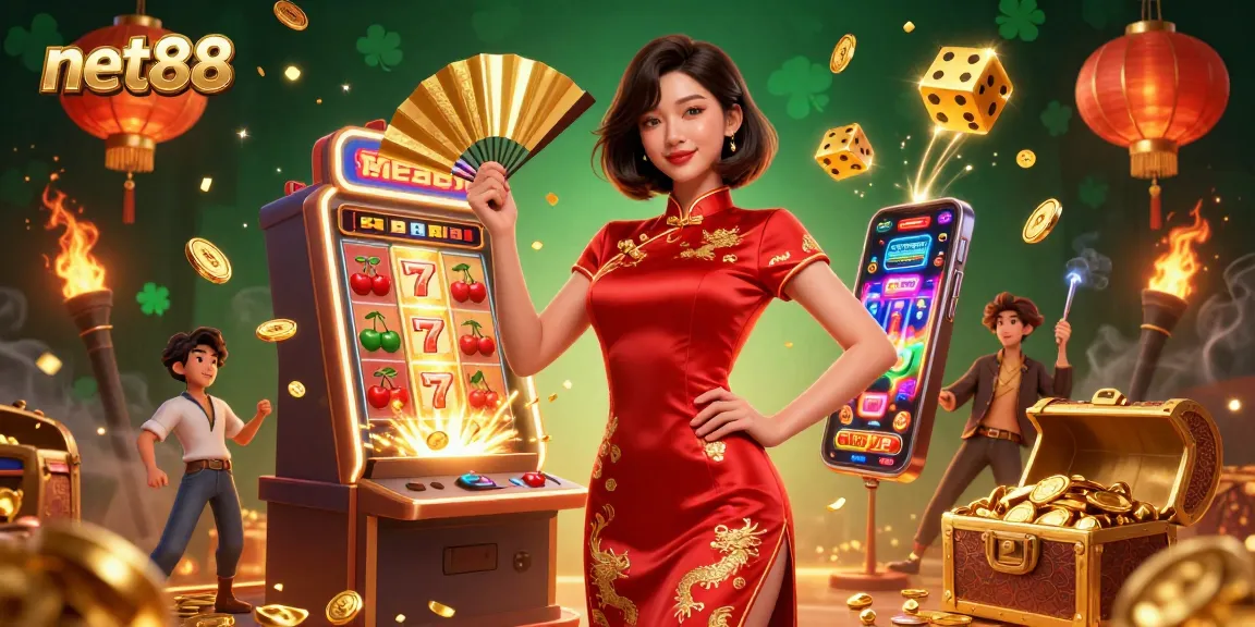Experience the thrill of net88 with a dazzling 3D casino scene featuring a vibrant Asian woman amidst slot machines and gold!