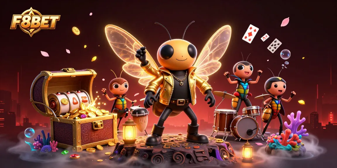Experience F8BET's vibrant casino world with a dynamic cartoon rock star and thrilling gaming elements.
