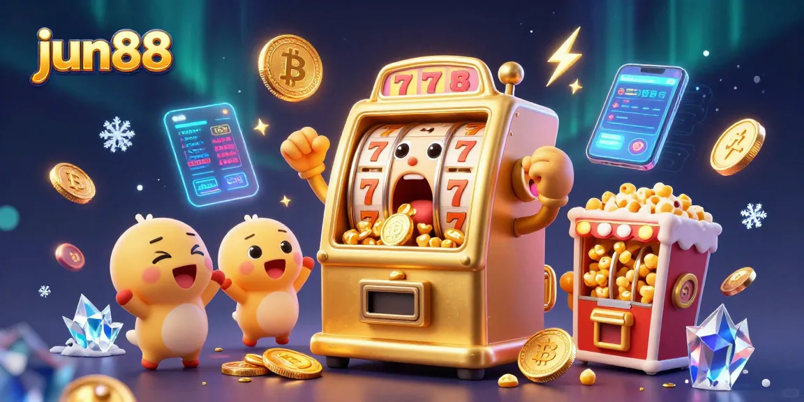 Experience the excitement of jun88 with a lively slot machine scene featuring jackpots and crypto coins.