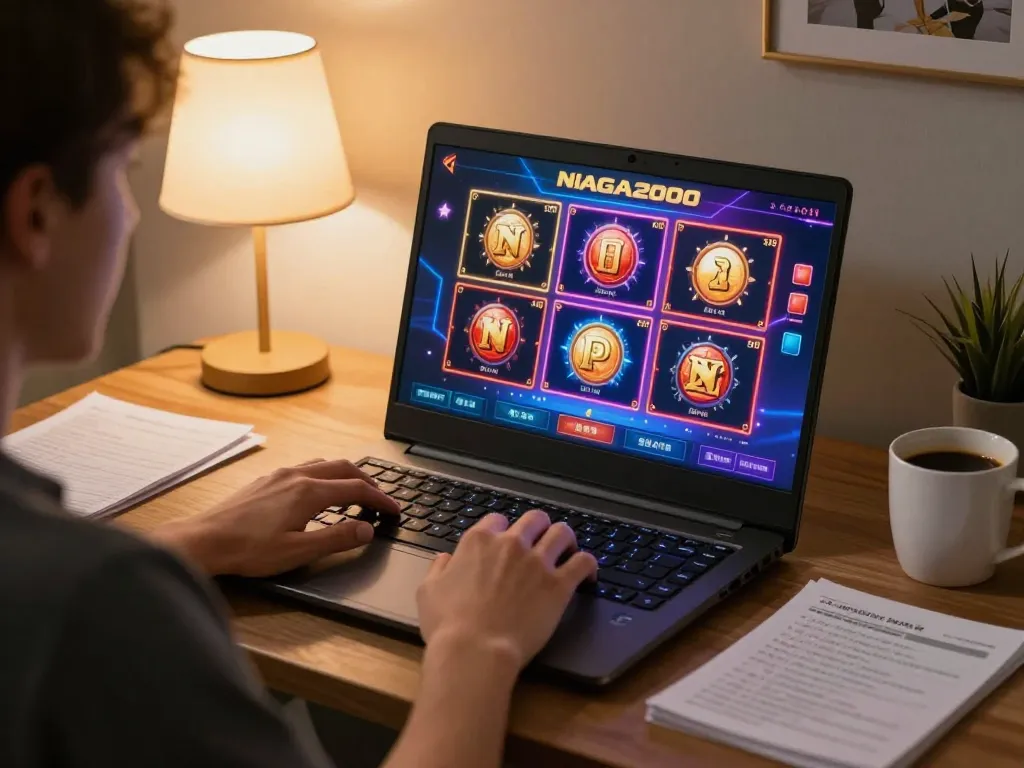 NAGA2000 online slot gaming experience with vibrant interfaces in a cozy home setting