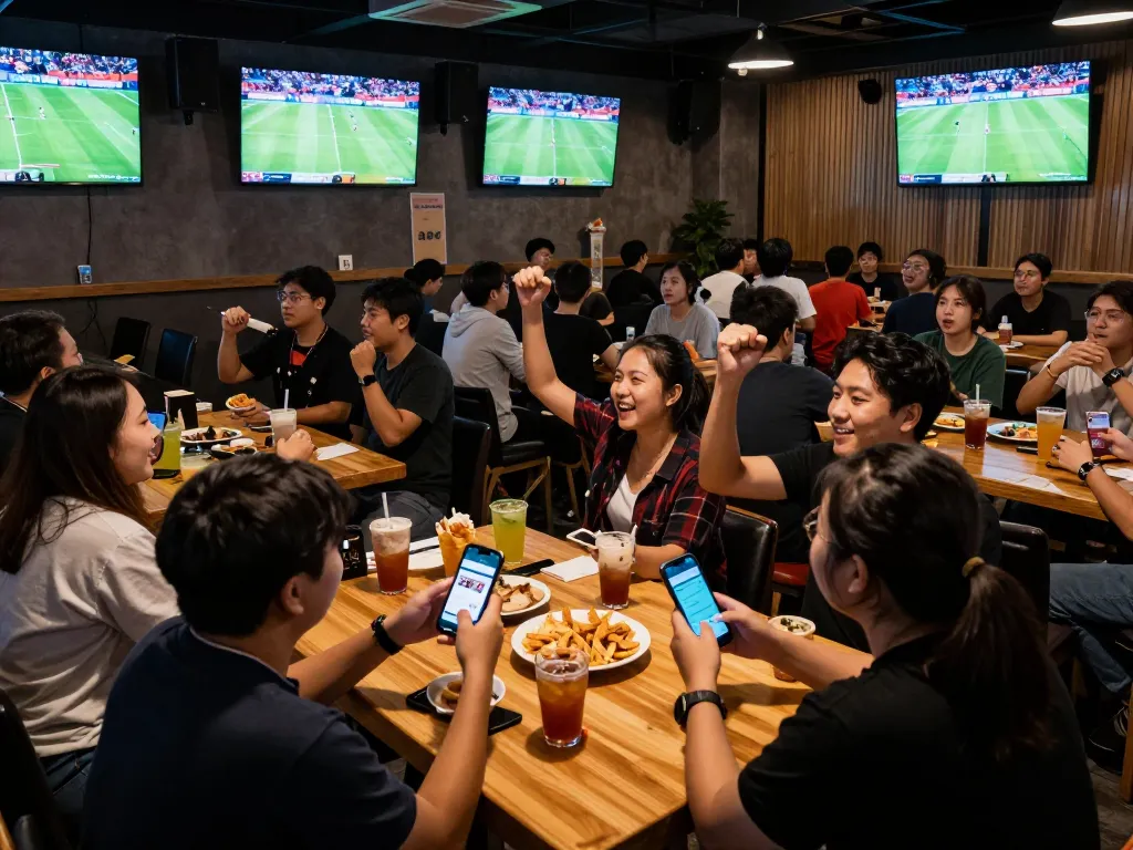 Fans engaging with keonhacai tv app for live sports betting in a lively sports bar atmosphere.