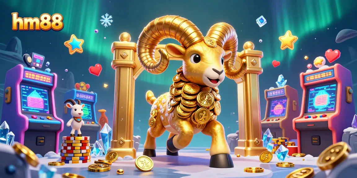 hm88 showcases epic casino excitement with a golden ram and vibrant game machines.
