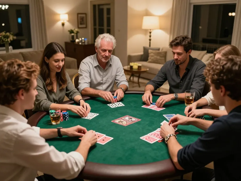 Engaged friends playing poker at home, GG88 đăng nhập guiding their lively strategy and discussion.