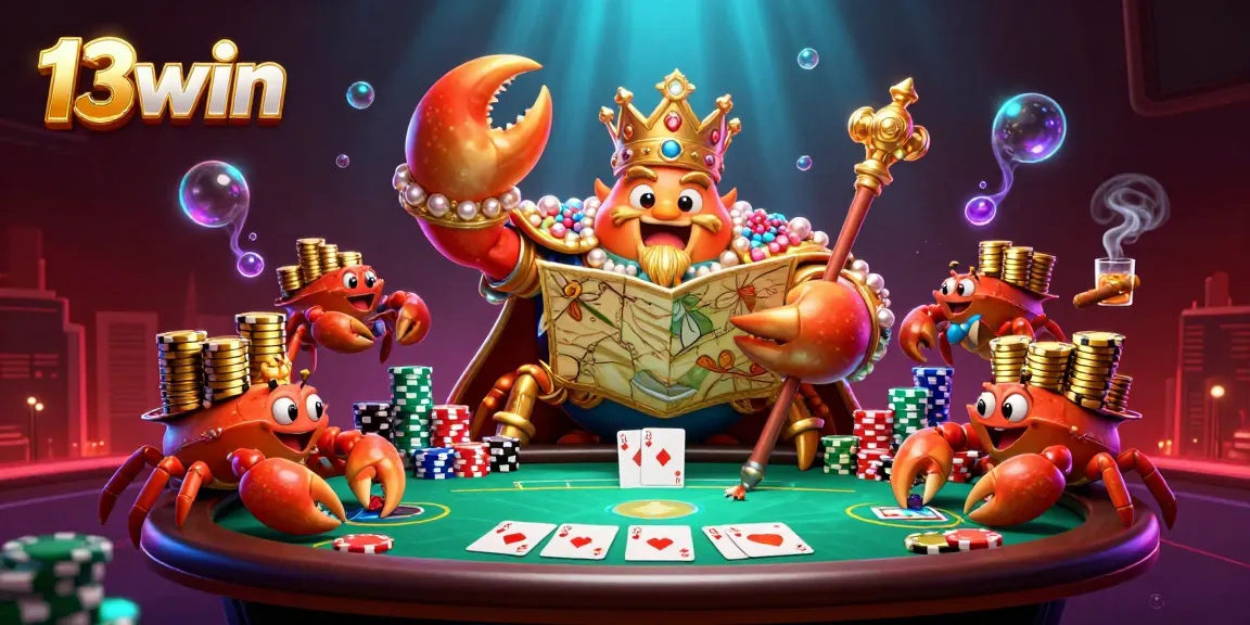 Experience winning moments with 13win's vibrant, casino-themed illustration featuring a golden crab emperor.