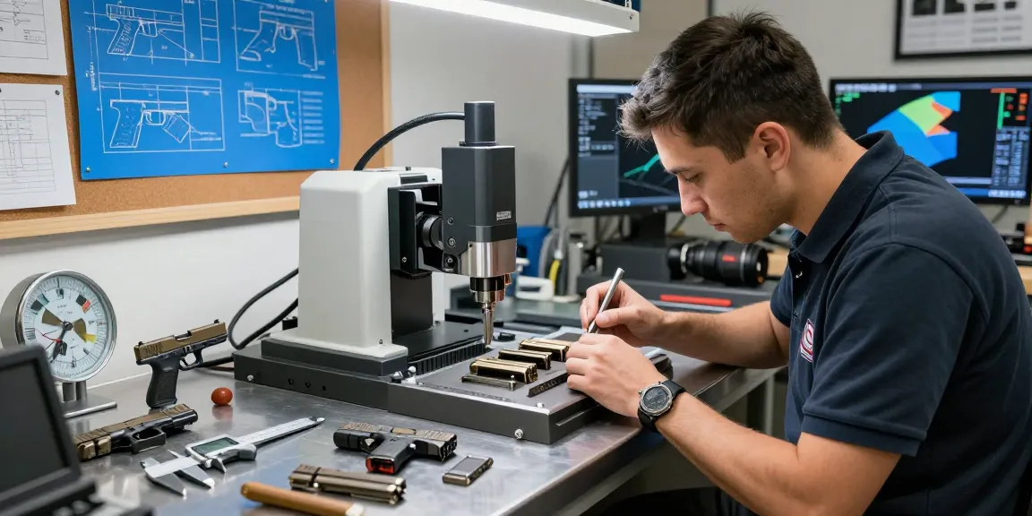 Artisan crafting custom Glock slides at https://precisionglockslides.com in a high-tech gunsmithing workshop.