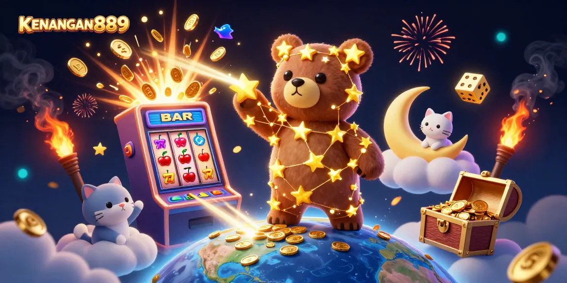 Experience the winning thrills of KENANGAN889 with an enchanting 3D casino scene featuring vibrant elements and characters.