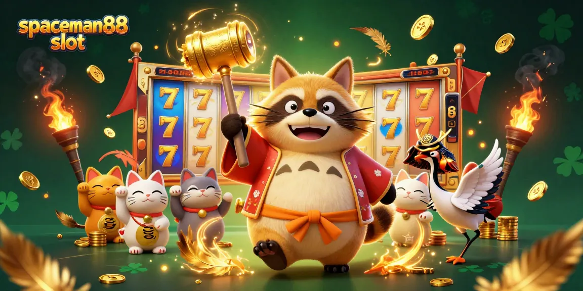 Spin the reels of spaceman88 slot in this vibrant scene filled with lucky symbols and festive characters.