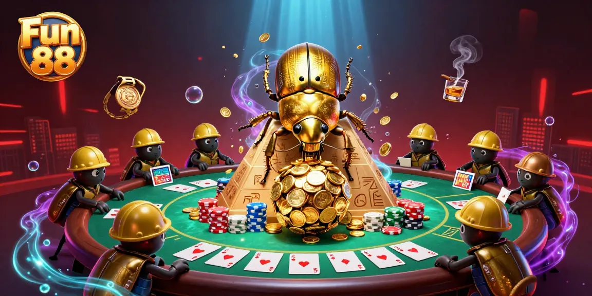 Win big at Fun 88 with colorful poker elements and dazzling casino symbols in a vibrant setting.