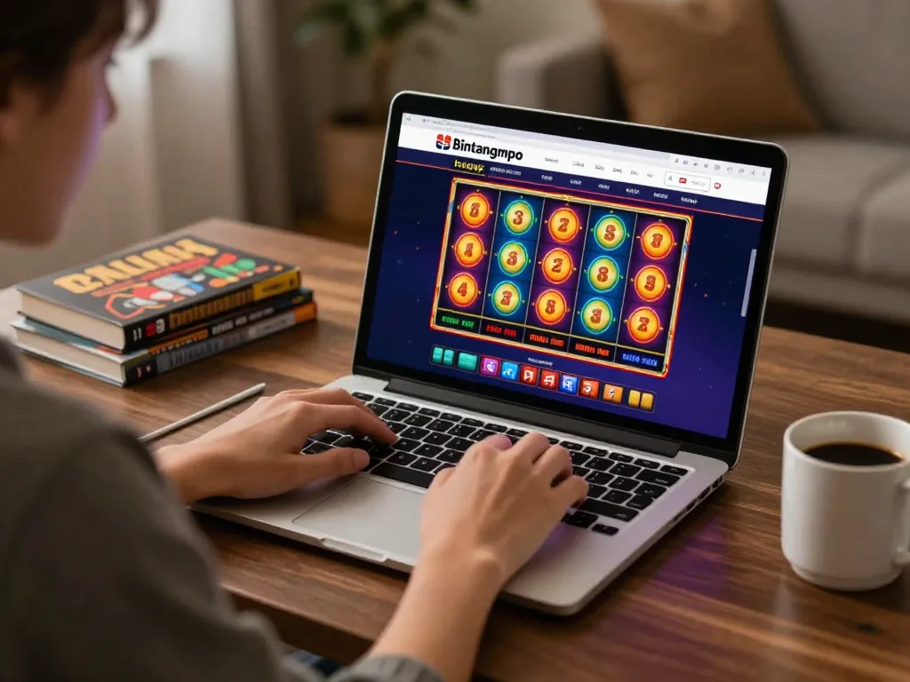 Sesi permainan online Bintangmpo dengan pemain yang fokus pada gulungan slot, menciptakan suasana yang mengundang