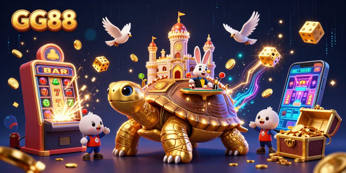 GG88 players enjoy massive jackpots with golden tortoise and lively 3D casino elements in this vibrant scene.