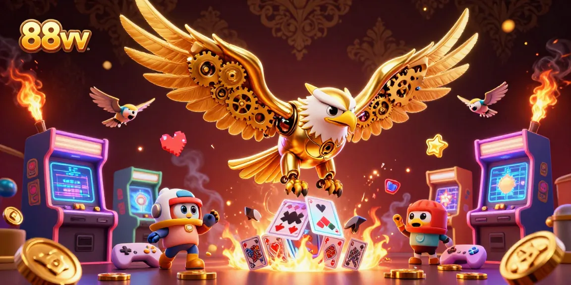 Experience thrilling casino action with 88vv as a cybernetic eagle dives among holographic playing cards.