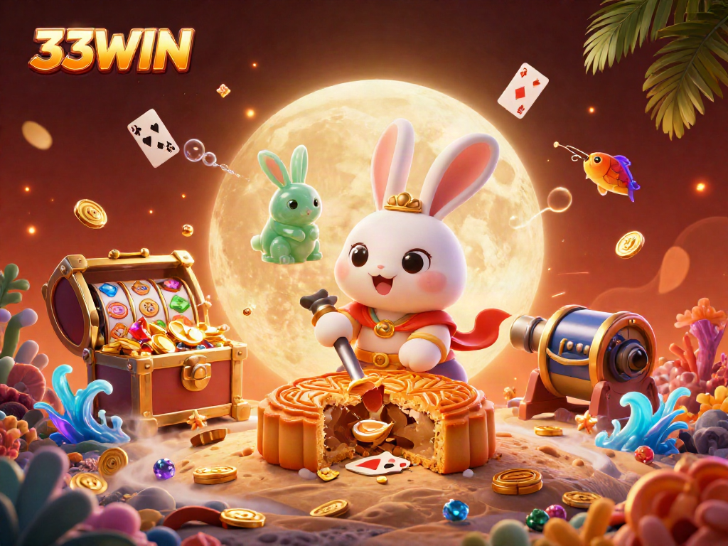 Experience the thrill of 33WIN with vibrant casino elements and captivating characters in a stunning illustration.