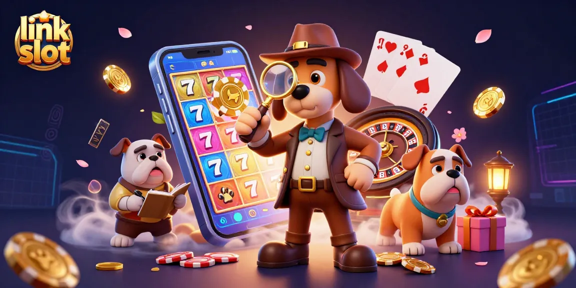 Menangkan jackpot dengan fitur menarik di link slot dengan ilustrasi detektif dan teman anjing.