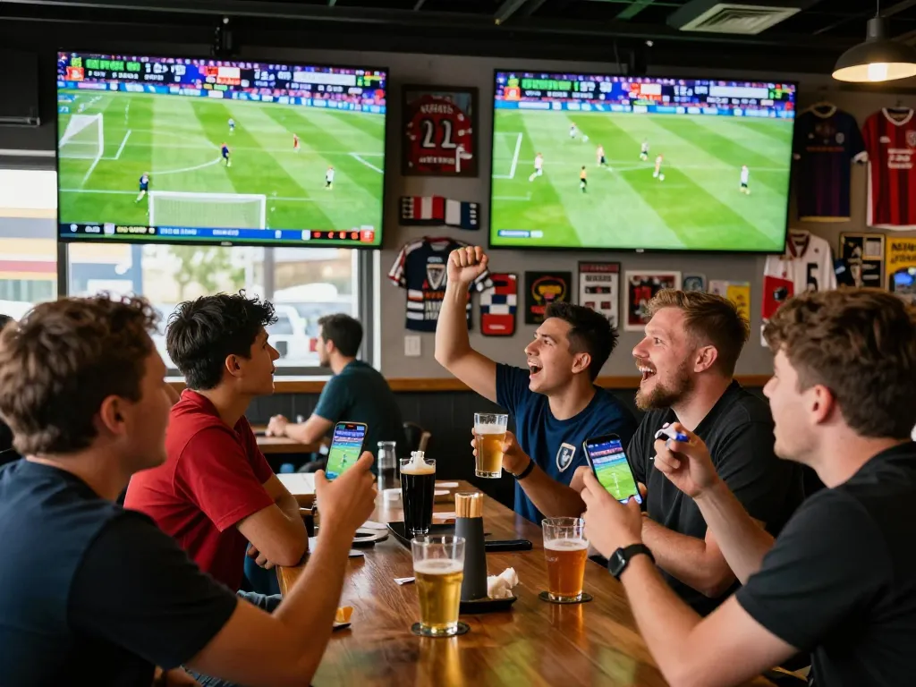 Fans enjoying live football scores on NOWGOAL at a sports bar, capturing excitement and camaraderie.
