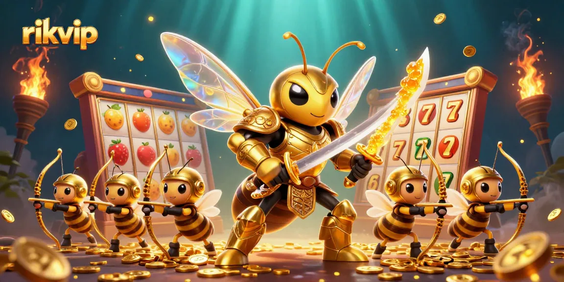 Experience thrilling rikvip action with vibrant golden hornet warriors in a dynamic casino scene.