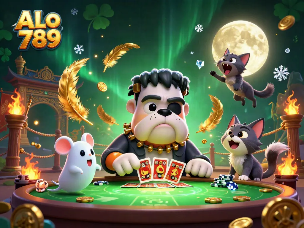 ALo 789 showcases a thrilling 3D scene of a Frankenstein bulldog dealing cards, perfect for casino enjoyment.