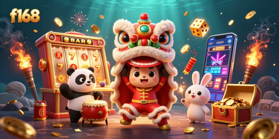 Engage with thrilling gameplay at f168 with a cartoon scene filled with jackpots and festive characters.