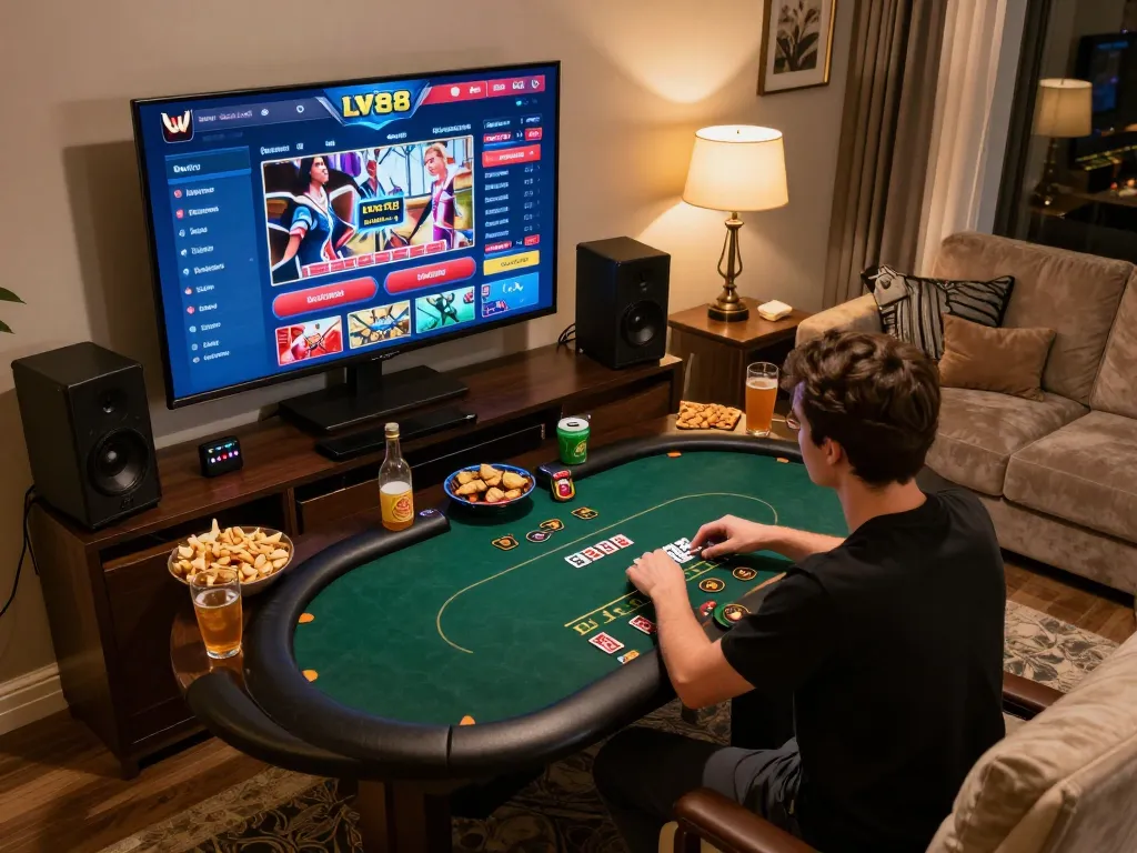 Player engaging with the LV88 online casino, showcasing a strategic poker gameplay session in a cozy home environment.