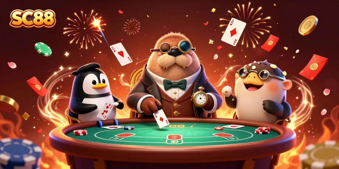 Join the thrilling SC88 poker game featuring a walrus and dealer, surrounded by festive casino elements.