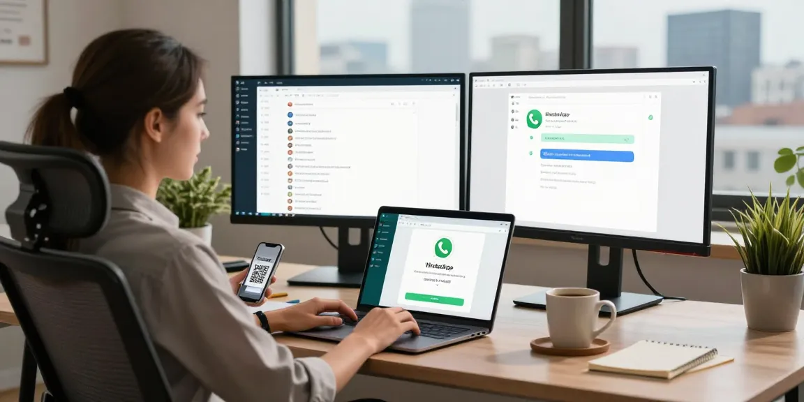 Using WhatsApp網頁版 on a modern workspace with dual monitors.