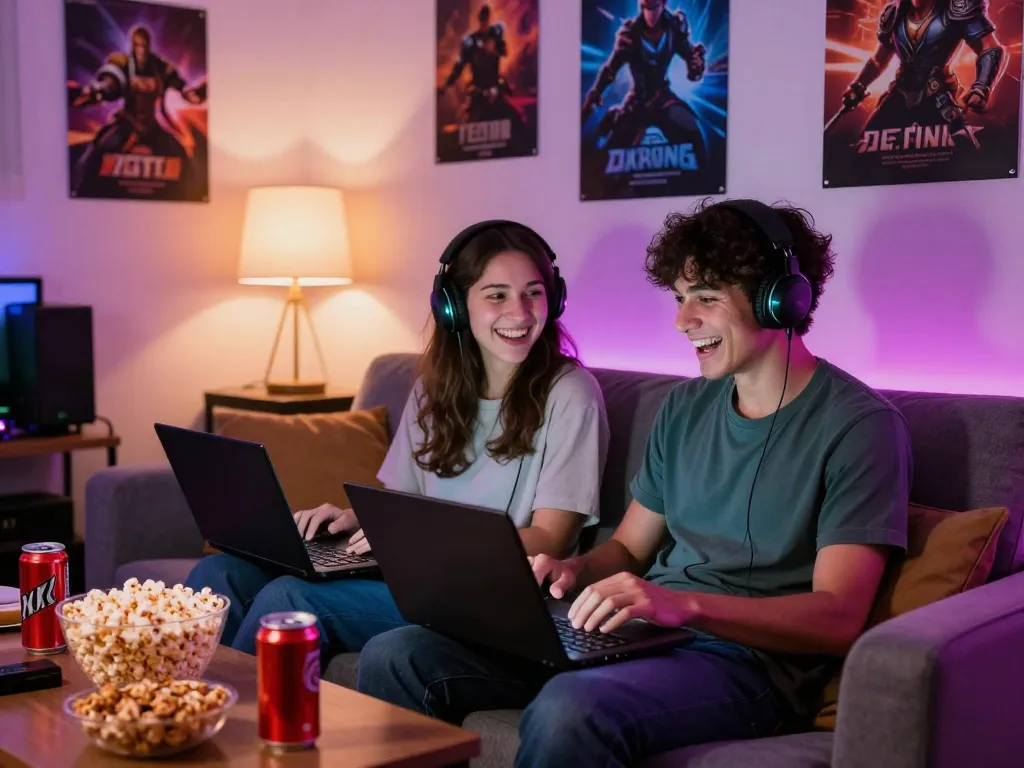 Couple enjoying xxx games on laptops in a cozy, vibrant gaming space.