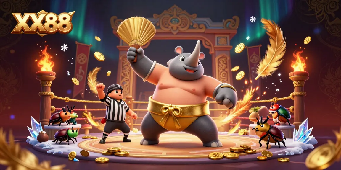 Experience exciting gameplay at XX88 with a sumo champion beetle winning and coins flying!