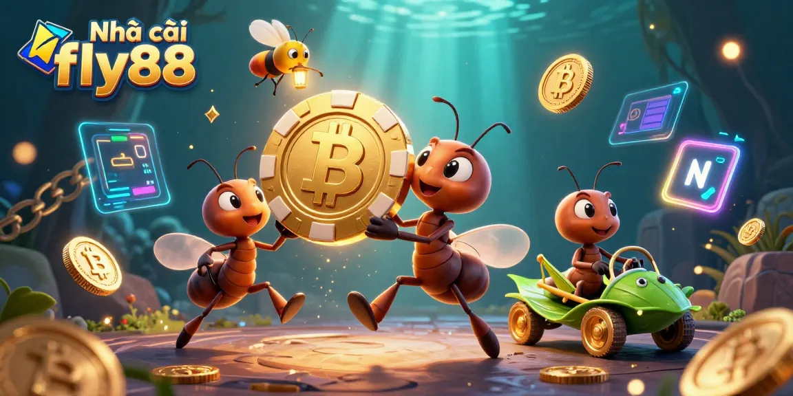 Nhà cái fly88 showcases a vibrant 3D cartoon heist scene featuring animated ants, a grasshopper driver, and Bitcoin coins.