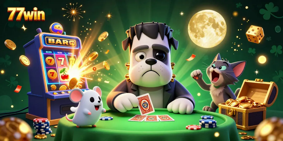 Engage in thrilling gameplay at 77win's vibrant casino with a lively 3D illustration of characters and games.
