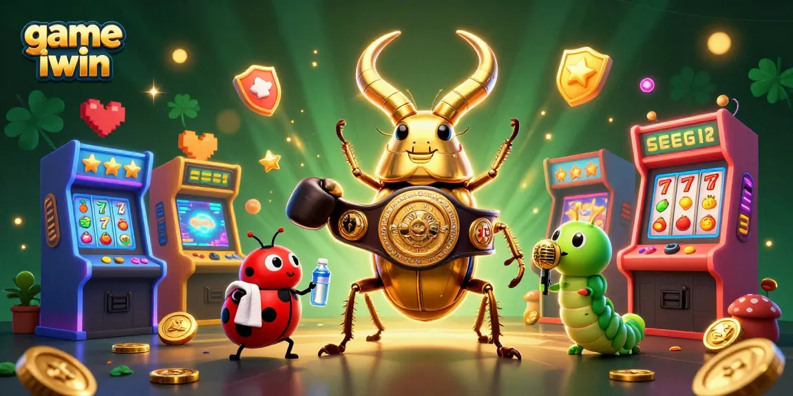 Engage in the thrilling world of game iwin featuring a giant beetle boxing champion among colorful casino elements.